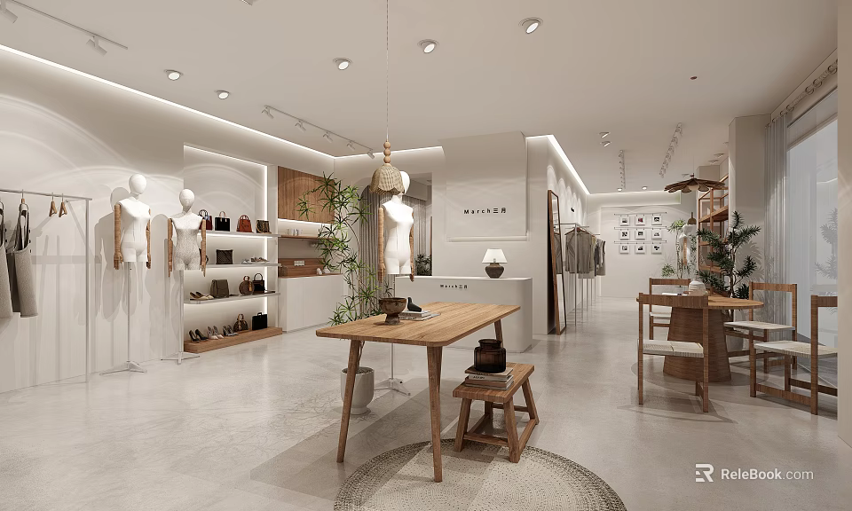 Modern Clothing Store Interior With Display Racks Mannequins Wooden Tables And Plants 3d model 