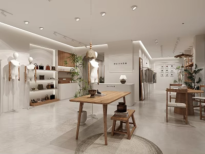 Modern Clothing Store Interior With Display Racks Mannequins Wooden Tables And Plants 3d model