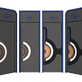 Sleek Modern Swing Doors With Blue Frame Circular Decor And Transparent Panels