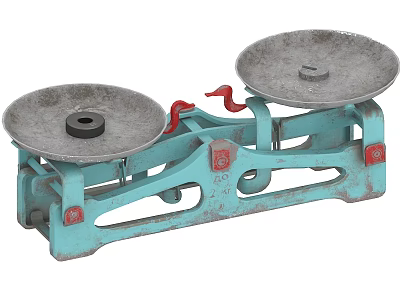 Vintage Turquoise Metal Balance Scale With Two Circular Pans And Red Accents 3d model