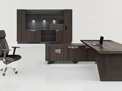 Modern Office Desk Setup With Ergonomic Chair Laptop Drawer Cabinet And Bookshelf Built In Lighting 3d model