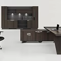 Modern Office Desk Setup With Ergonomic Chair Laptop Drawer Cabinet And Bookshelf Built In Lighting