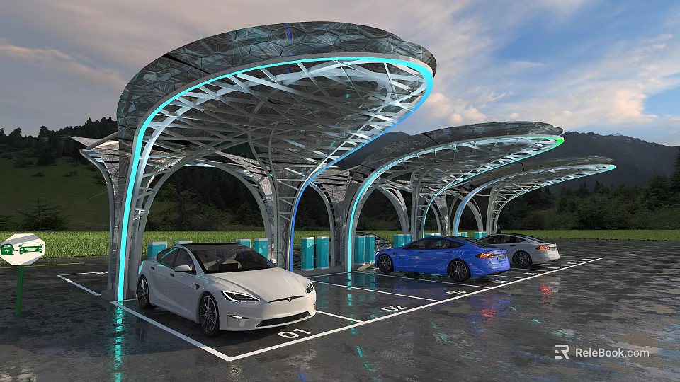 Modern Electric Vehicle Charging Station With Curved Glass Canopy And Scenic Mountain Background 3d model 