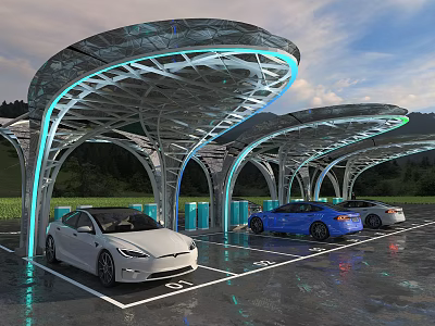 Modern Electric Vehicle Charging Station With Curved Glass Canopy And Scenic Mountain Background 3d model