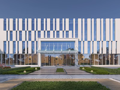 Modern Office Building Exterior With Glass Curtain Wall Grand Entrance And Landscaped Garden 3d model
