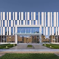 Modern Office Building Exterior With Glass Curtain Wall Grand Entrance And Landscaped Garden