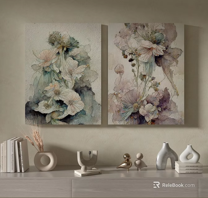 Watercolor Botanical Paintings With Floral Art For Living Room Wall Decor 3d model 