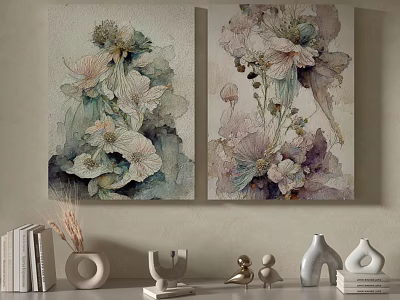 Watercolor Botanical Paintings With Floral Art For Living Room Wall Decor 3d model