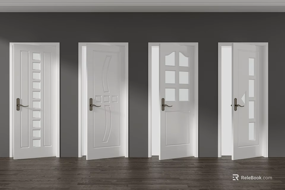 White Swing Doors With Different Panel Patterns In Interior Gray Wall And Wooden Floor 3d model