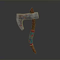 Decorative Axe Featuring Intricate Metal Blade And Wooden Handle With Red Blue Accents