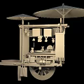 Interactive Area With Traditional Snack Cart Bamboo Umbrella And City Skyline