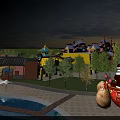 Vibrant Amusement Park with Colorful Buildings Santa Claus on Sleigh at Sunset