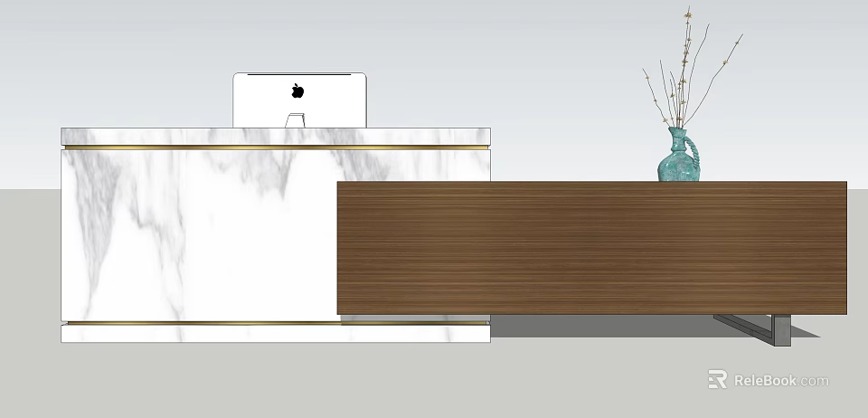 Modern Reception Desk Design With White Marble Wooden Panel And Apple Computer 3d model
