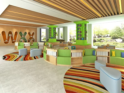 Bright Modern School Building Study Area With Wooden Ceiling Green Bookshelves And Colorful Rugs 3d model