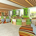 Bright Modern School Building Study Area With Wooden Ceiling Green Bookshelves And Colorful Rugs