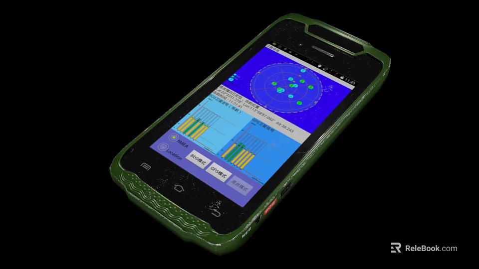 Green Phone With Protective Case Showing Data Charts On Screen Interface 3d model