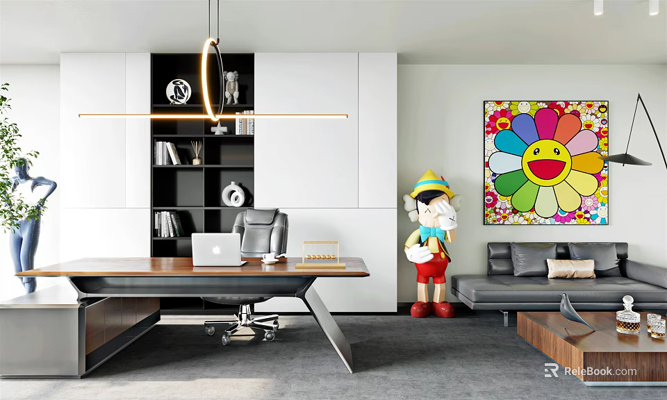 Modern Office Interior With Desk Laptop Chair Bookshelf Pendant Light Colorful Smiley Art And Sculpture 3d model 