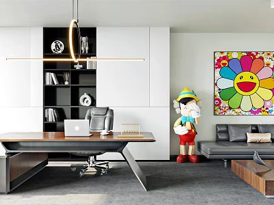 Modern Office Interior With Desk Laptop Chair Bookshelf Pendant Light Colorful Smiley Art And Sculpture 3d model