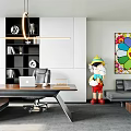 Modern Office Interior With Desk Laptop Chair Bookshelf Pendant Light Colorful Smiley Art And Sculpture