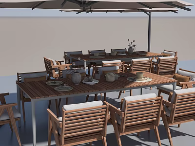 Wooden Outdoor Dining Table With Matching Chairs Umbrella Dinnerware And Vase On Patio 3d model