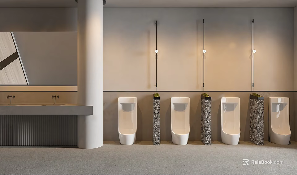 Modern Public Restroom Interior With Urinals Decorative Columns And Sconces 3d model 