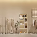 Modern Clothing Store With Counter Hanging Clothes Green Plant White Shelves Shoes And Bags