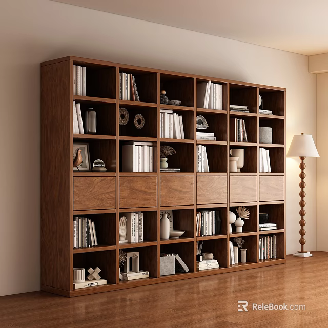 Dark Brown Wooden Bookcase In Room Interior With Books Decorations Vases And Floor Lamp 3d model 