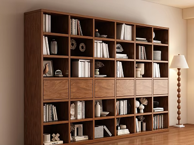 Dark Brown Wooden Bookcase In Room Interior With Books Decorations Vases And Floor Lamp 3d model