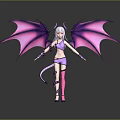 Female Demon Character In Purple Outfit With Purple Bat Wings White Hair Horns And Tail