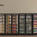 Poliform Glass Door Display Refrigerators With Various Beverages Canned Goods And Bottled Drinks