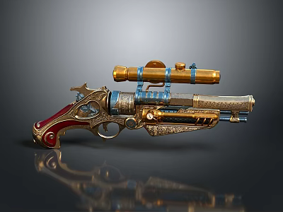 Vintage Weapon Pistol Featuring Gold Accents Red Grip Brass Scope And Intricate Engravings 3d model