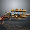 Vintage Weapon Pistol Featuring Gold Accents Red Grip Brass Scope And Intricate Engravings