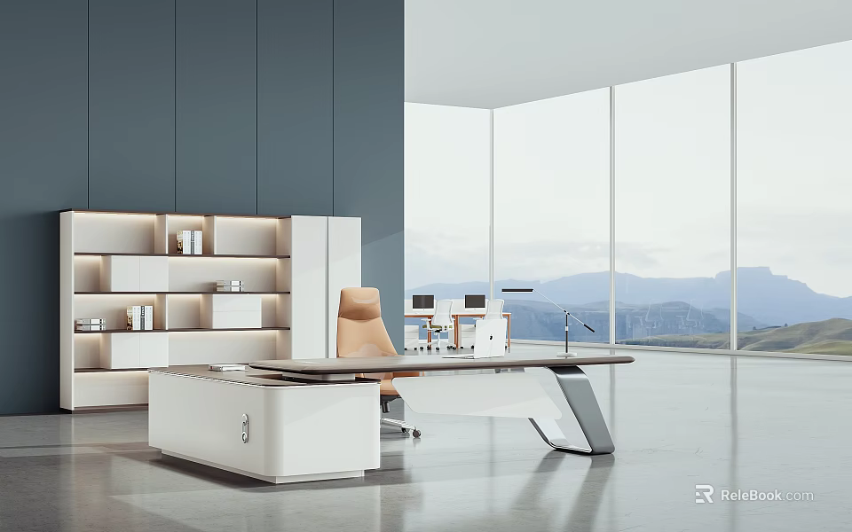 Sleek Modern Office Desk With Beige Chair White Bookshelf And Large Window Mountain View 3d model 