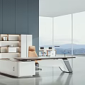 Sleek Modern Office Desk With Beige Chair White Bookshelf And Large Window Mountain View