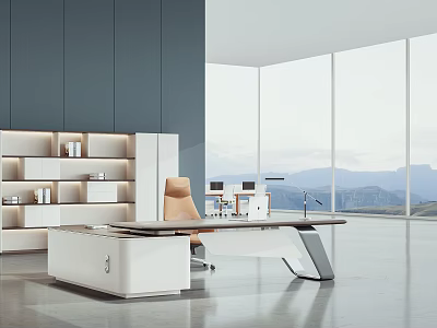 Sleek Modern Office Desk With Beige Chair White Bookshelf And Large Window Mountain View 3d model