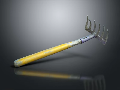 Garden Rake With Yellow Wooden Handle And Metal Tines Showing Reflection On Black Background 3d model