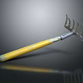 Garden Rake With Yellow Wooden Handle And Metal Tines Showing Reflection On Black Background