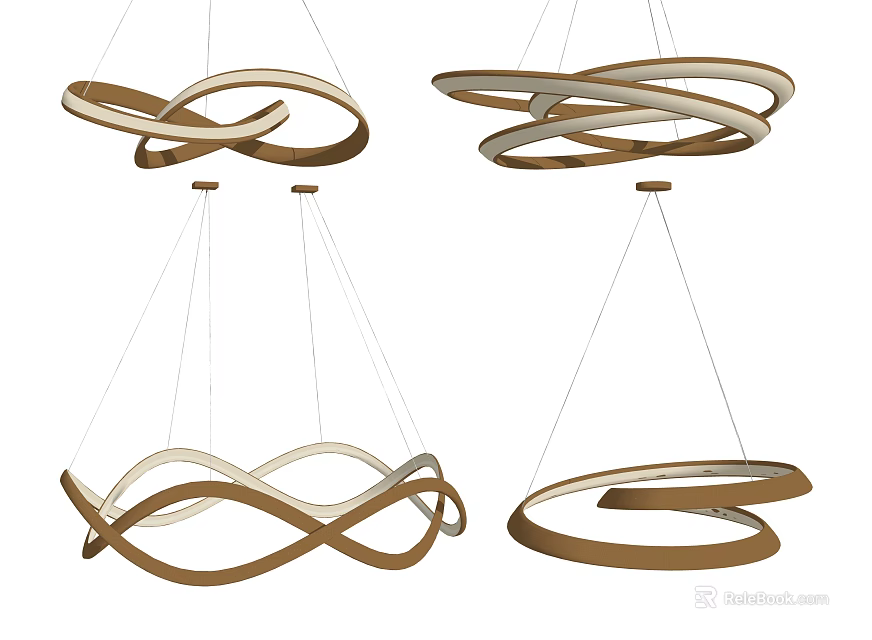 Modern Abstract Chandeliers With Twisted Circular Wooden Frame In Neutral Tones 3d model 
