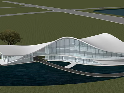 Modern Architectural Building With Curved White Roof Glass Curtain Walls And Waterfront Green Lawn Pathway 3d model