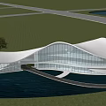 Modern Architectural Building With Curved White Roof Glass Curtain Walls And Waterfront Green Lawn Pathway