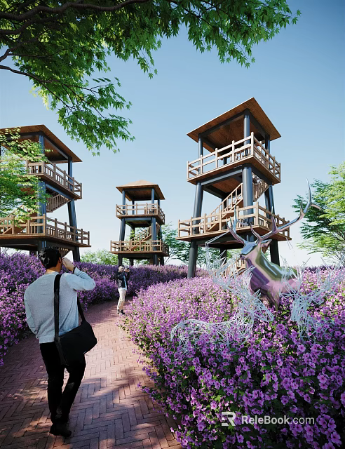 Scenic Road Facilities With Pedestrian Walkway Purple Flower Field Wooden Viewing Towers And Deer Sculpture 3d model 
