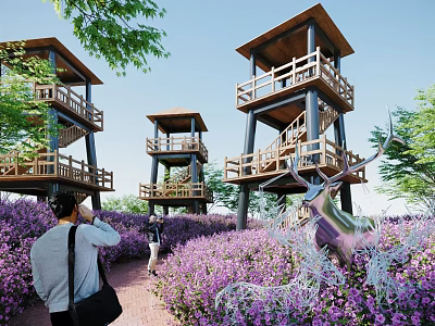Scenic Road Facilities With Pedestrian Walkway Purple Flower Field Wooden Viewing Towers And Deer Sculpture 3d model