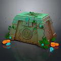 Ancient Stone Chest With Green Moss Vines Circular Emblem Gold Coins And Gemstones