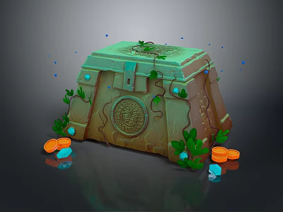 Ancient Stone Chest With Green Moss Vines Circular Emblem Gold Coins And Gemstones 3d model