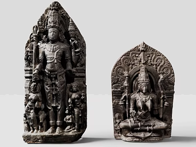 Detailed Stone Sculptures Intricately Carved with Standing and Seated Figures and Ornamental Arches 3d model