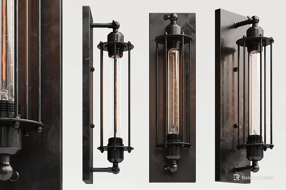 Vintage Industrial Wall Sconces with Black Metal Frame Glass Tube and Edison Bulb Inside 3d model 
