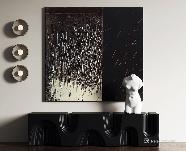 Modern Interior Scene With Abstract Painting Circular Wall Lamps Black Cabinet And White Sculpture 3d model 