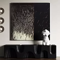Modern Interior Scene With Abstract Painting Circular Wall Lamps Black Cabinet And White Sculpture