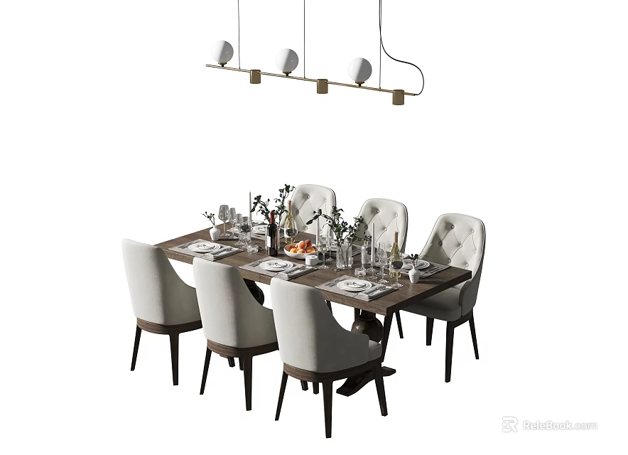 Modern Dining Table Set with Upholstered Chairs Flowers Plates And Pendant Lights 3d model 