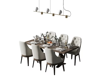 Modern Dining Table Set with Upholstered Chairs Flowers Plates And Pendant Lights 3d model
